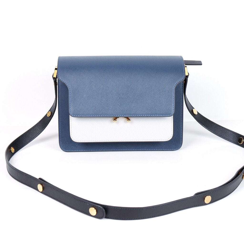 Navy and White 'Trunk' Bag with Black Snap Strap