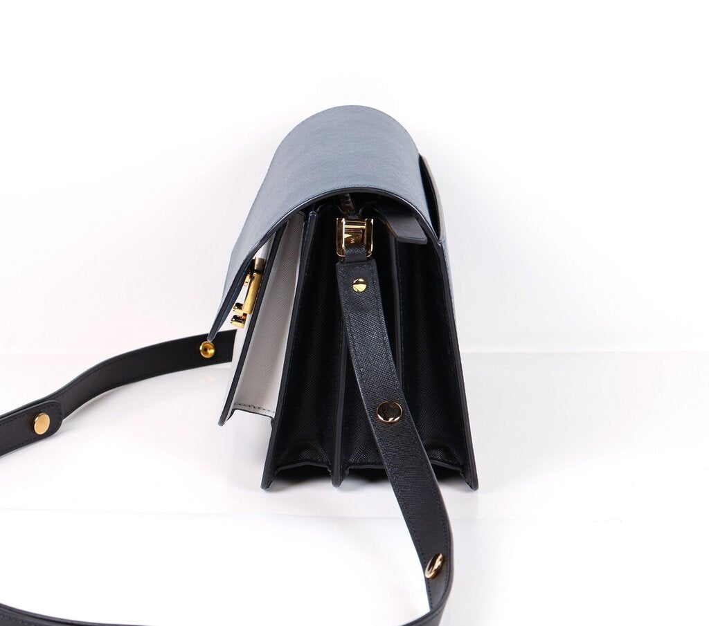 Navy and White 'Trunk' Bag with Black Snap Strap