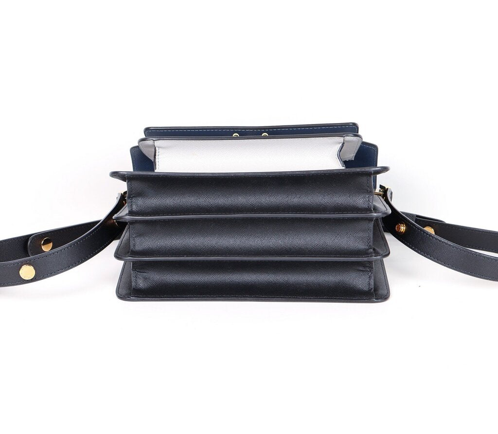 Navy and White 'Trunk' Bag with Black Snap Strap