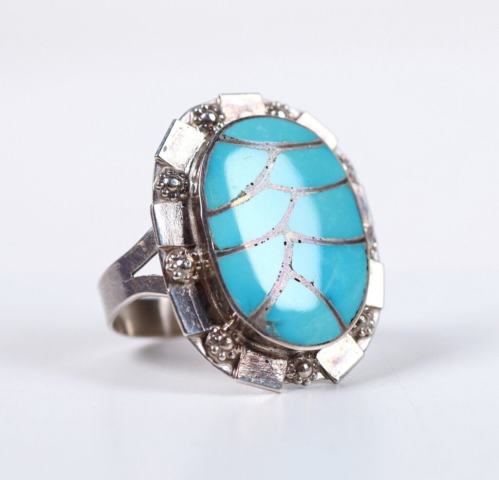 Sterling and Turquoise 'Zuni Fish Scale' Ring (8.5)