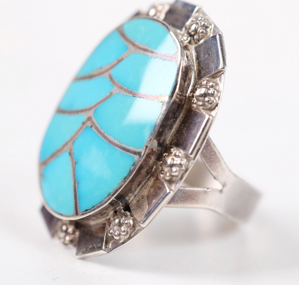 Sterling and Turquoise 'Zuni Fish Scale' Ring (8.5)