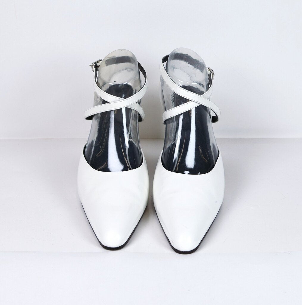 White Leather Pointy Toe Ankle Strap Heels (41)