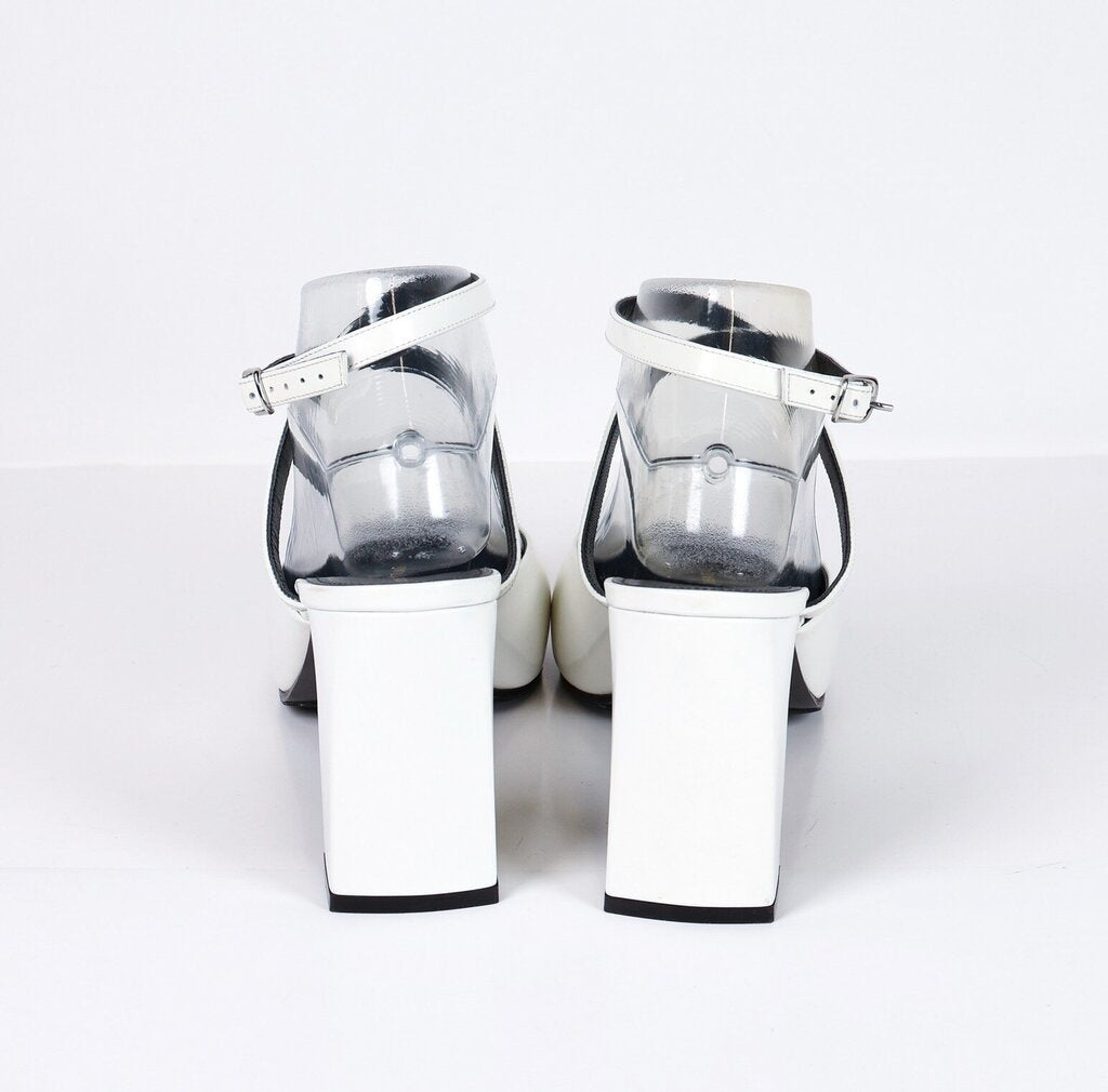 White Leather Pointy Toe Ankle Strap Heels (41)