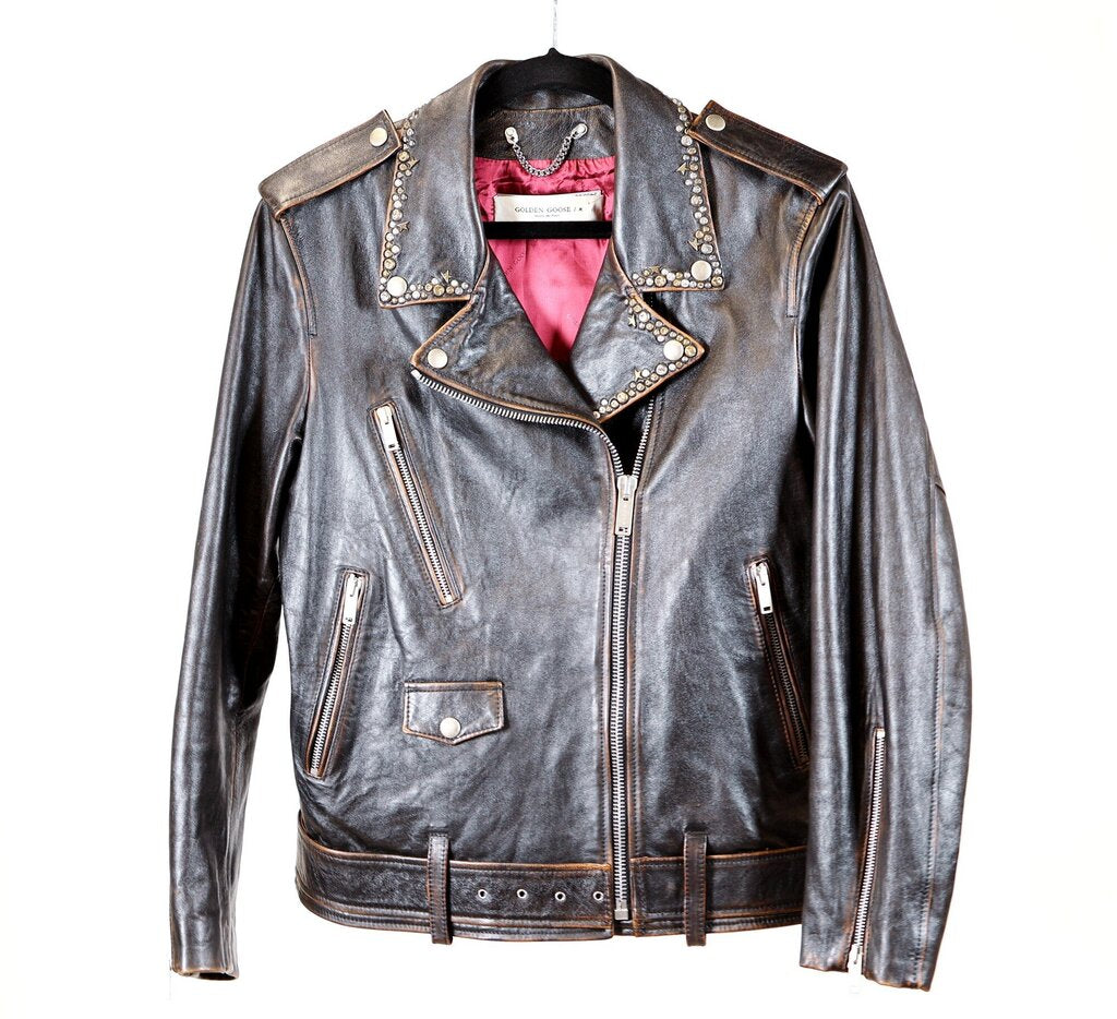 Distressed Studded Leather Moto Jacket (M)
