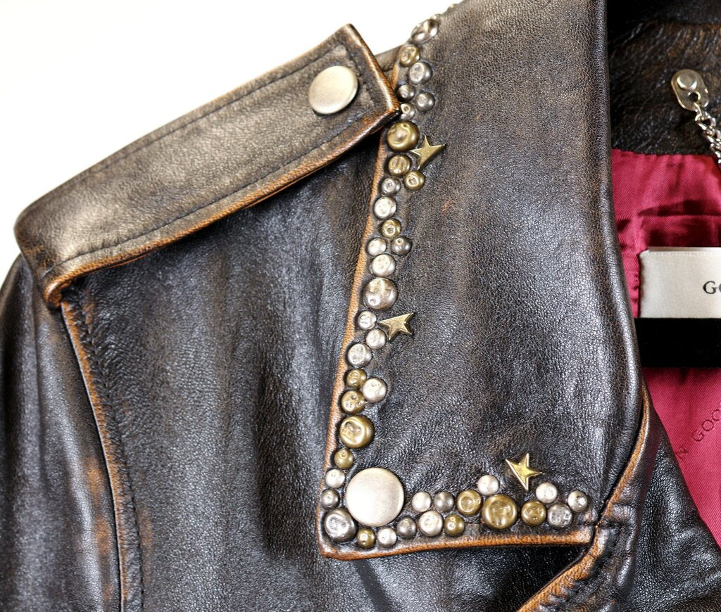 Distressed Studded Leather Moto Jacket (M)