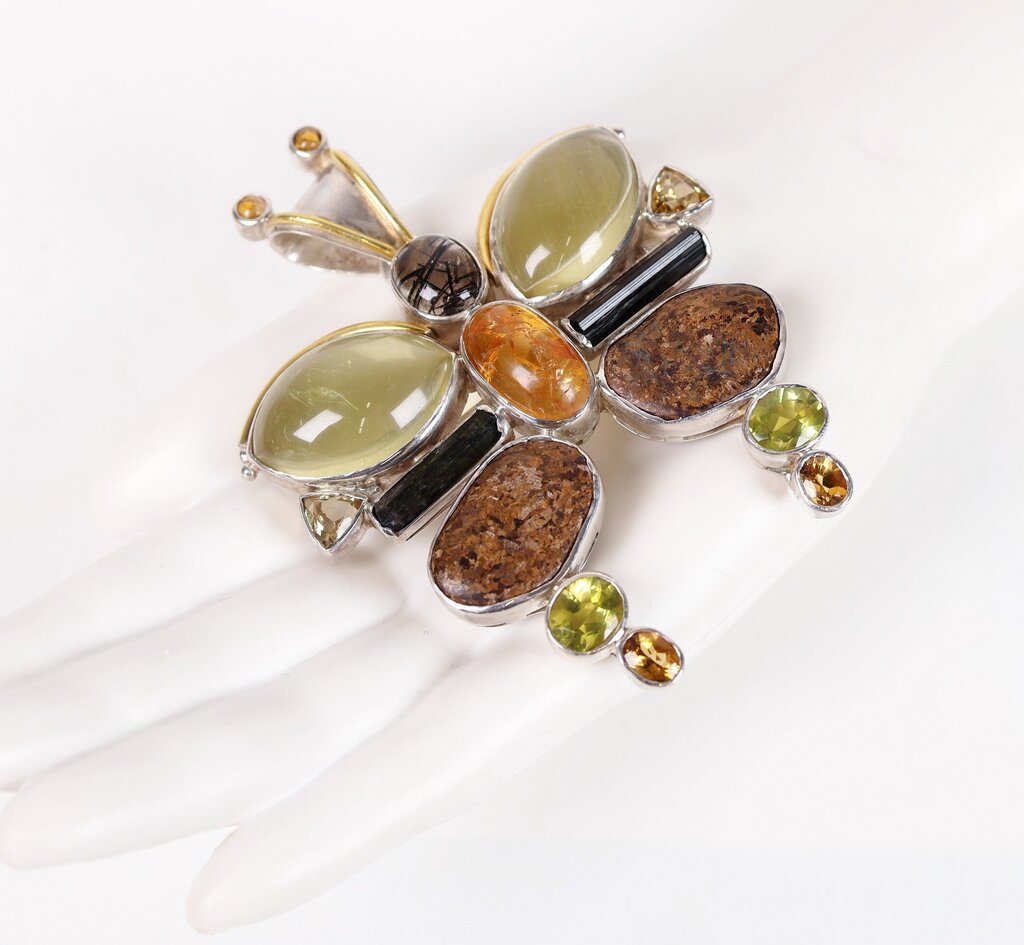 Vintage Sterling Baltic Amber Quartz and Citrine Butterfly Brooch/Pendant