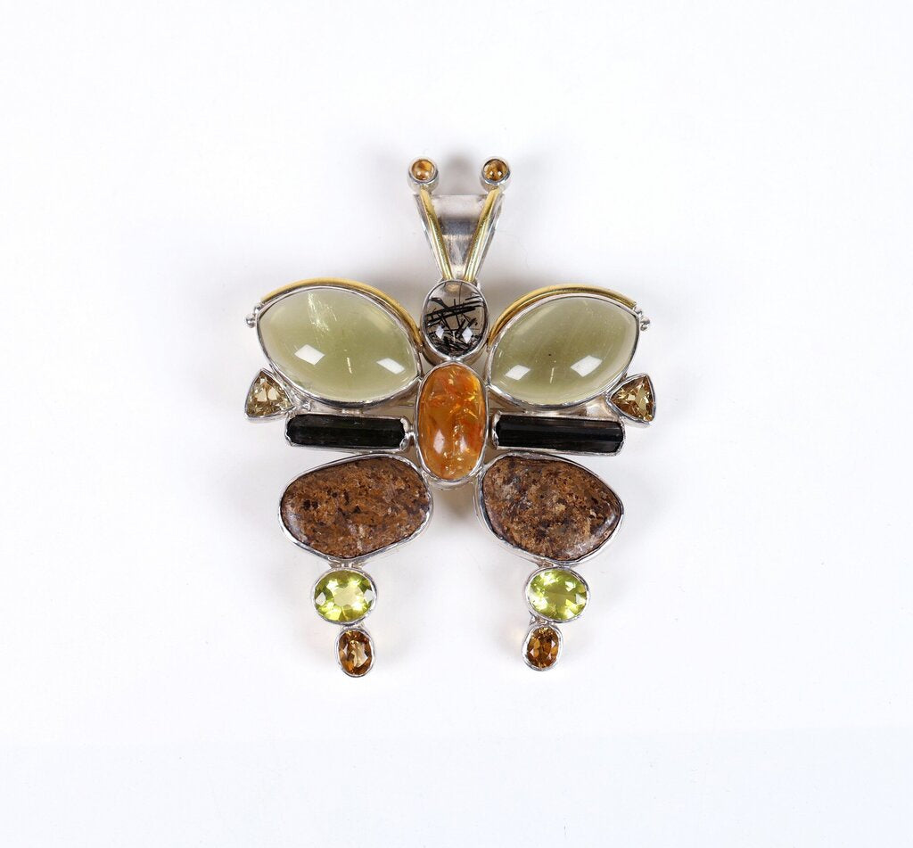 Vintage Sterling Baltic Amber Quartz and Citrine Butterfly Brooch/Pendant