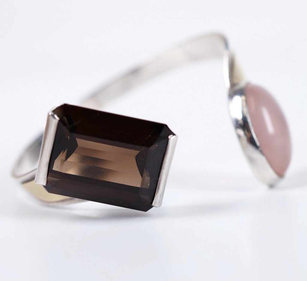 Vintage Sterling Rose Quartz and Smokey Quartz Cuff