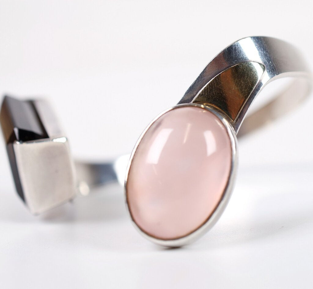 Vintage Sterling Rose Quartz and Smokey Quartz Cuff
