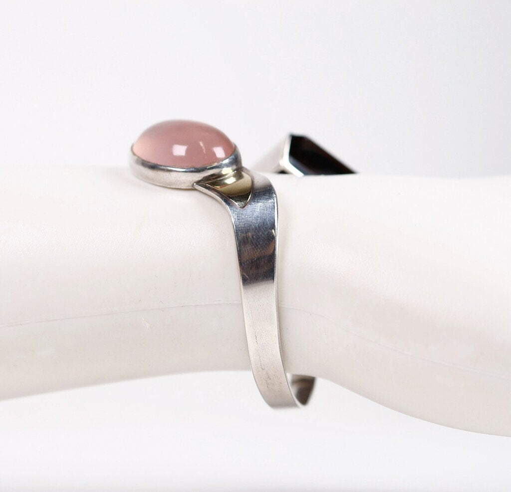 Vintage Sterling Rose Quartz and Smokey Quartz Cuff