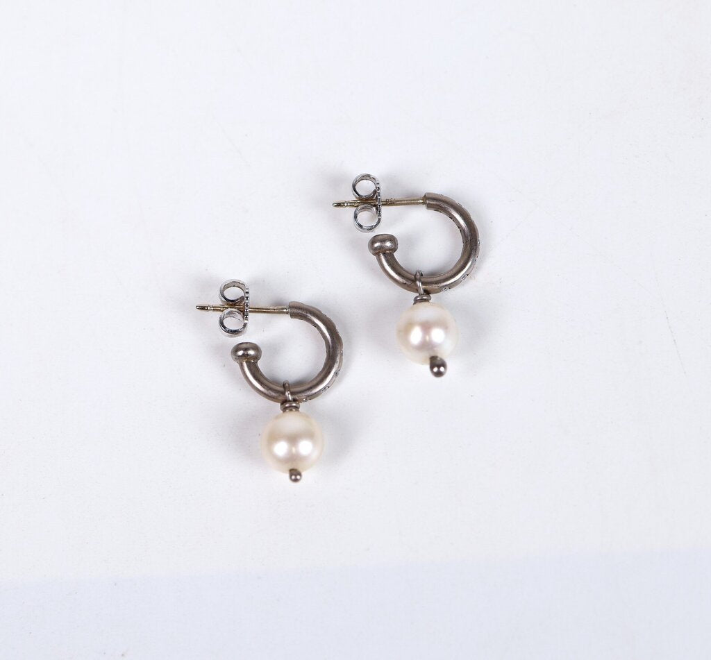 18K Gold and Pearl 'Baby Diamond Hoops' Earrings