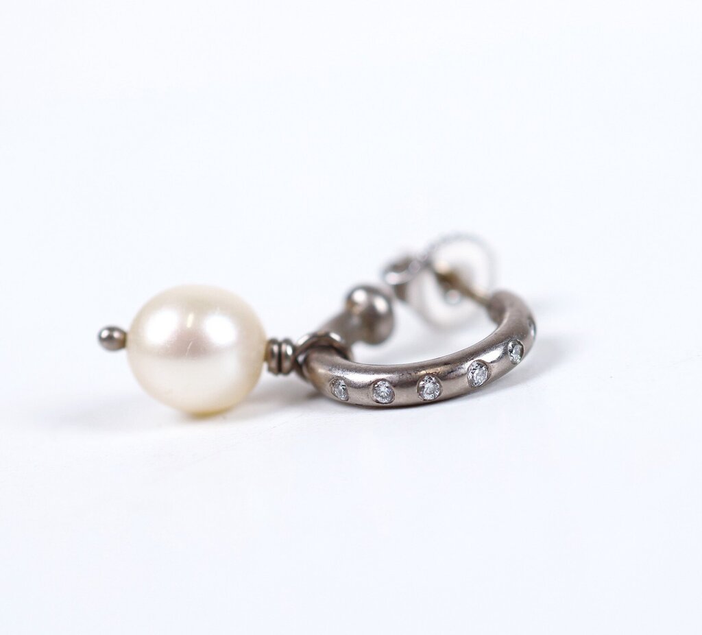 18K Gold and Pearl 'Baby Diamond Hoops' Earrings