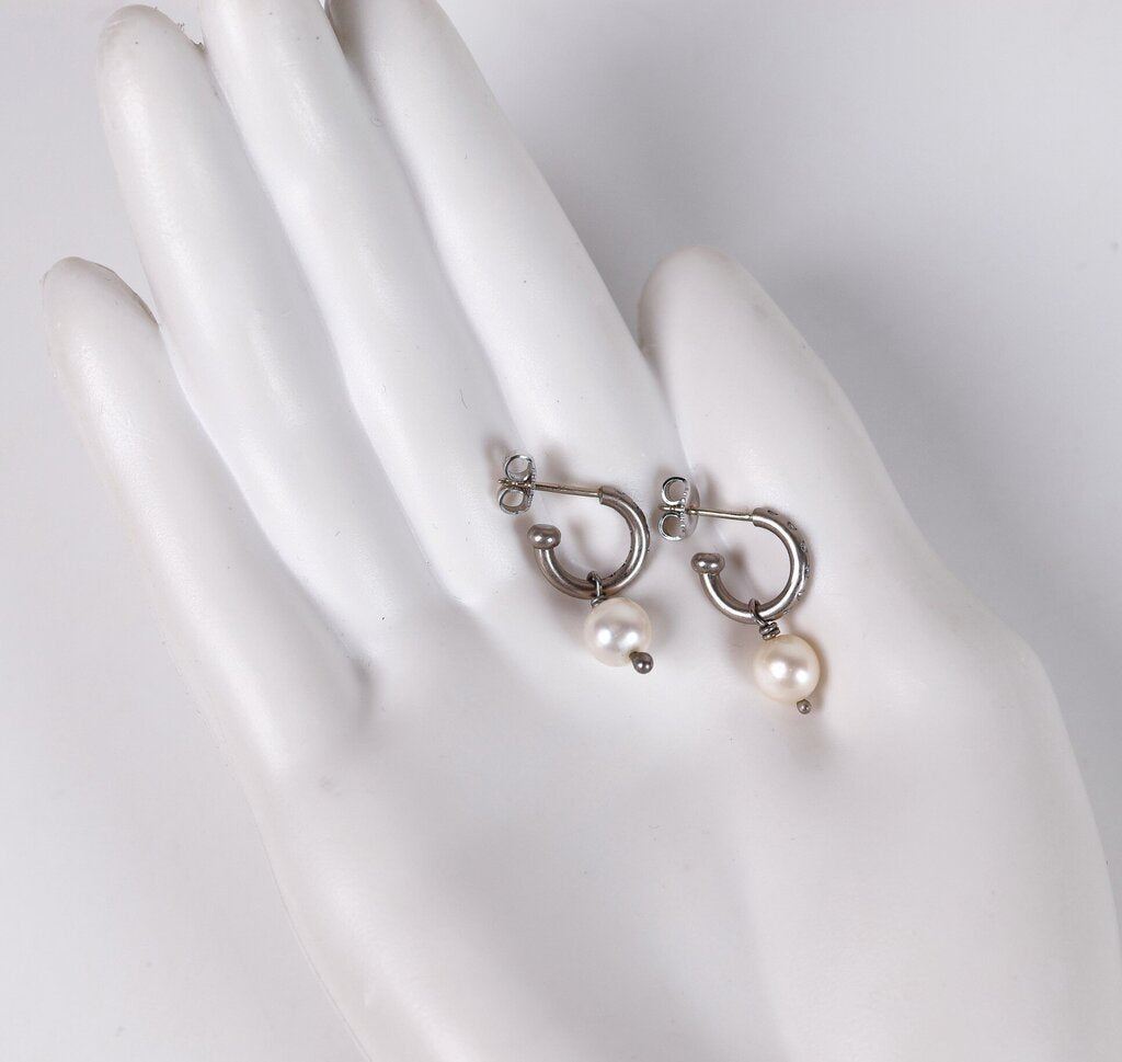 18K Gold and Pearl 'Baby Diamond Hoops' Earrings