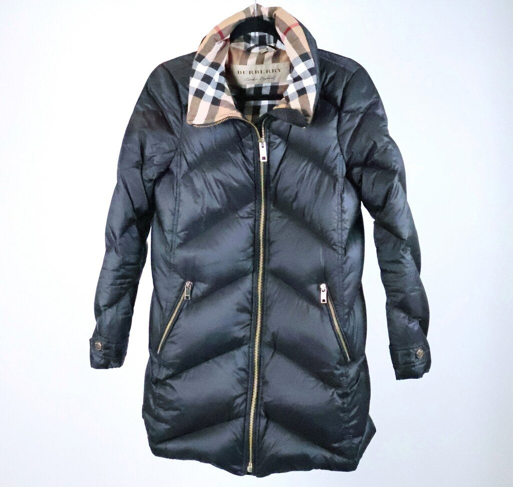 Black Puffer with Iconic Burberry Plaid Collar (S)