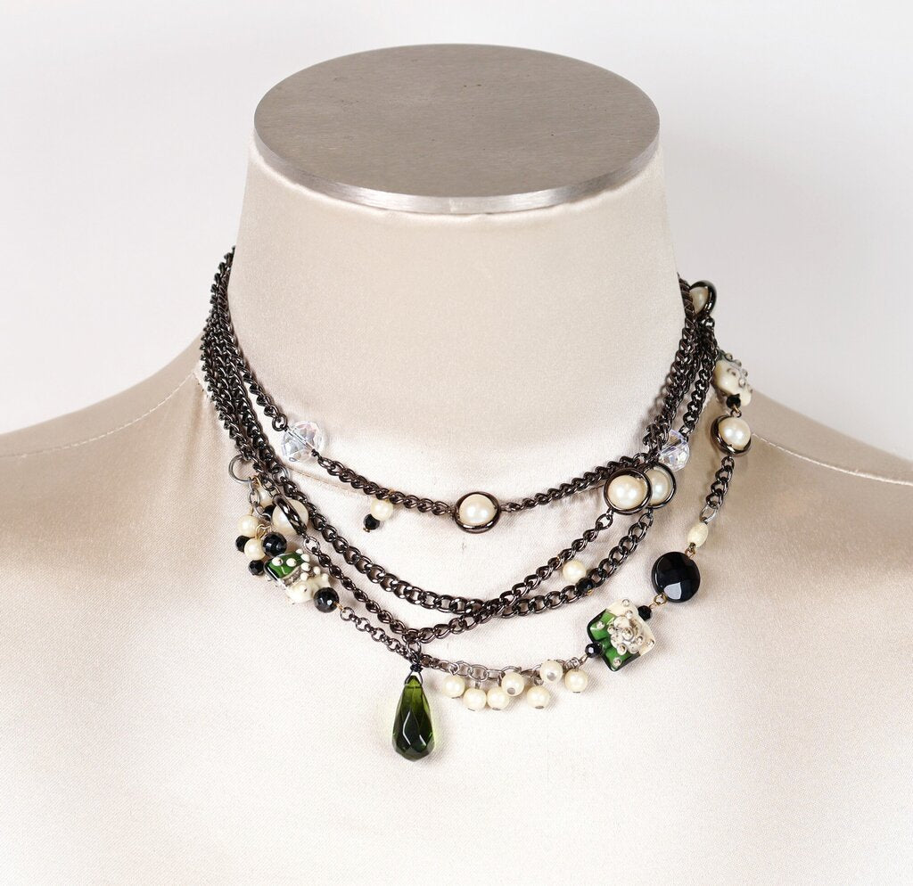Vintage Pearl Glass Bead and Crystal Multi Strand Necklace