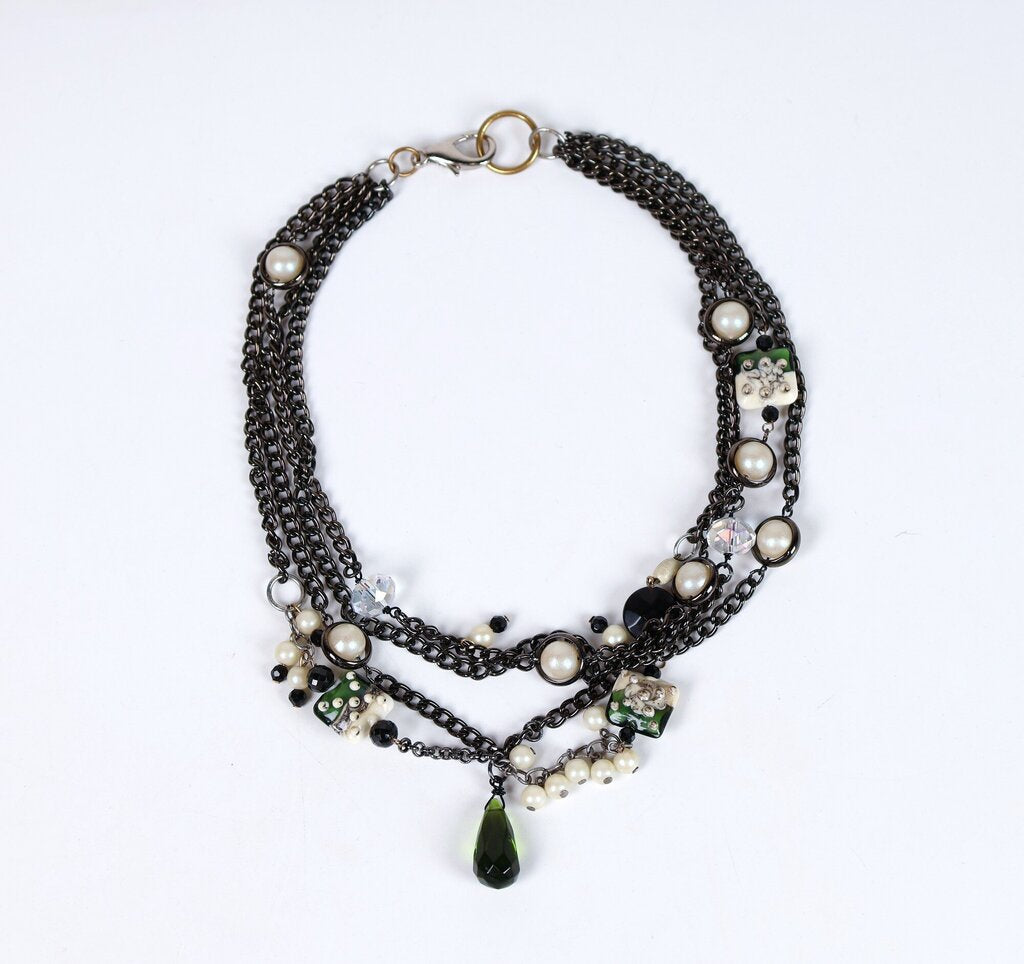 Vintage Pearl Glass Bead and Crystal Multi Strand Necklace
