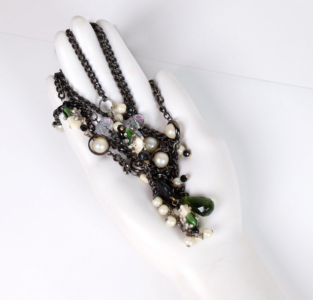 Vintage Pearl Glass Bead and Crystal Multi Strand Necklace