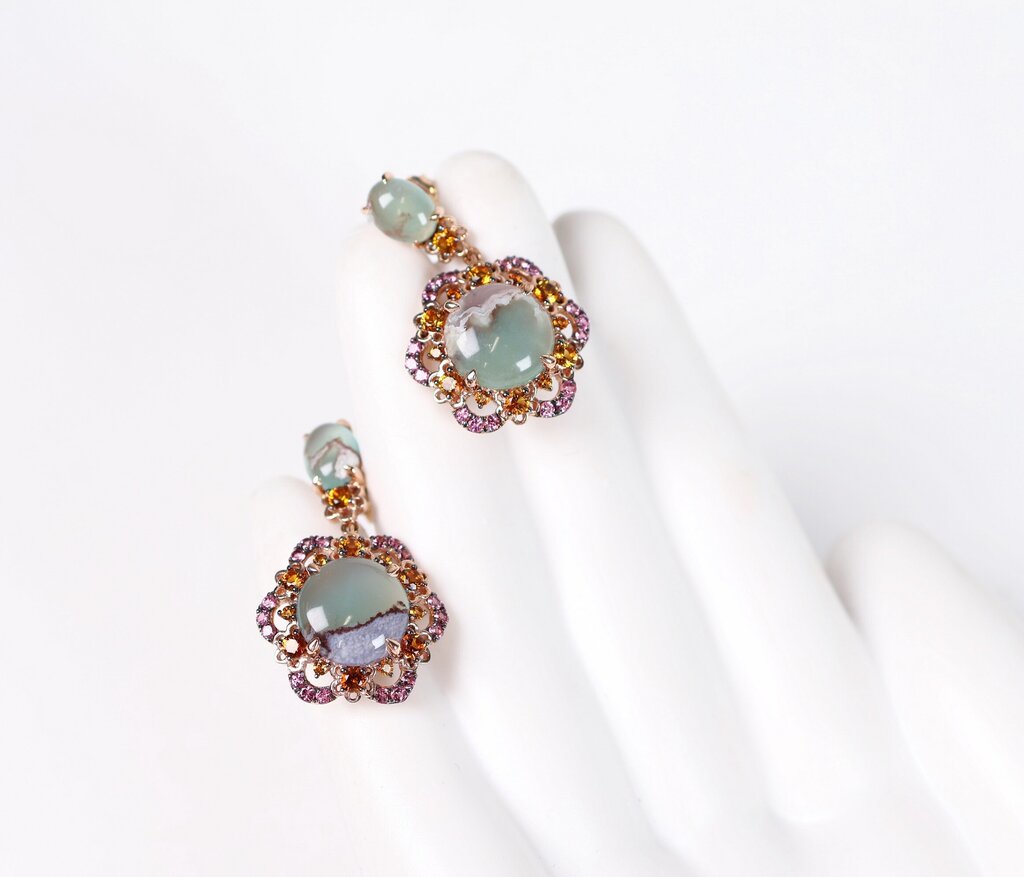 14K Chalcedony Citrine and Tourmaline Earrings