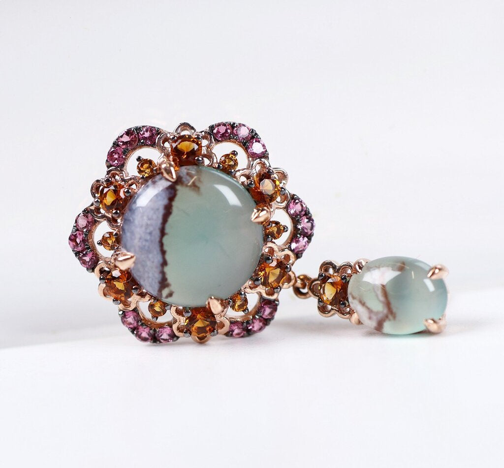14K Chalcedony Citrine and Tourmaline Earrings