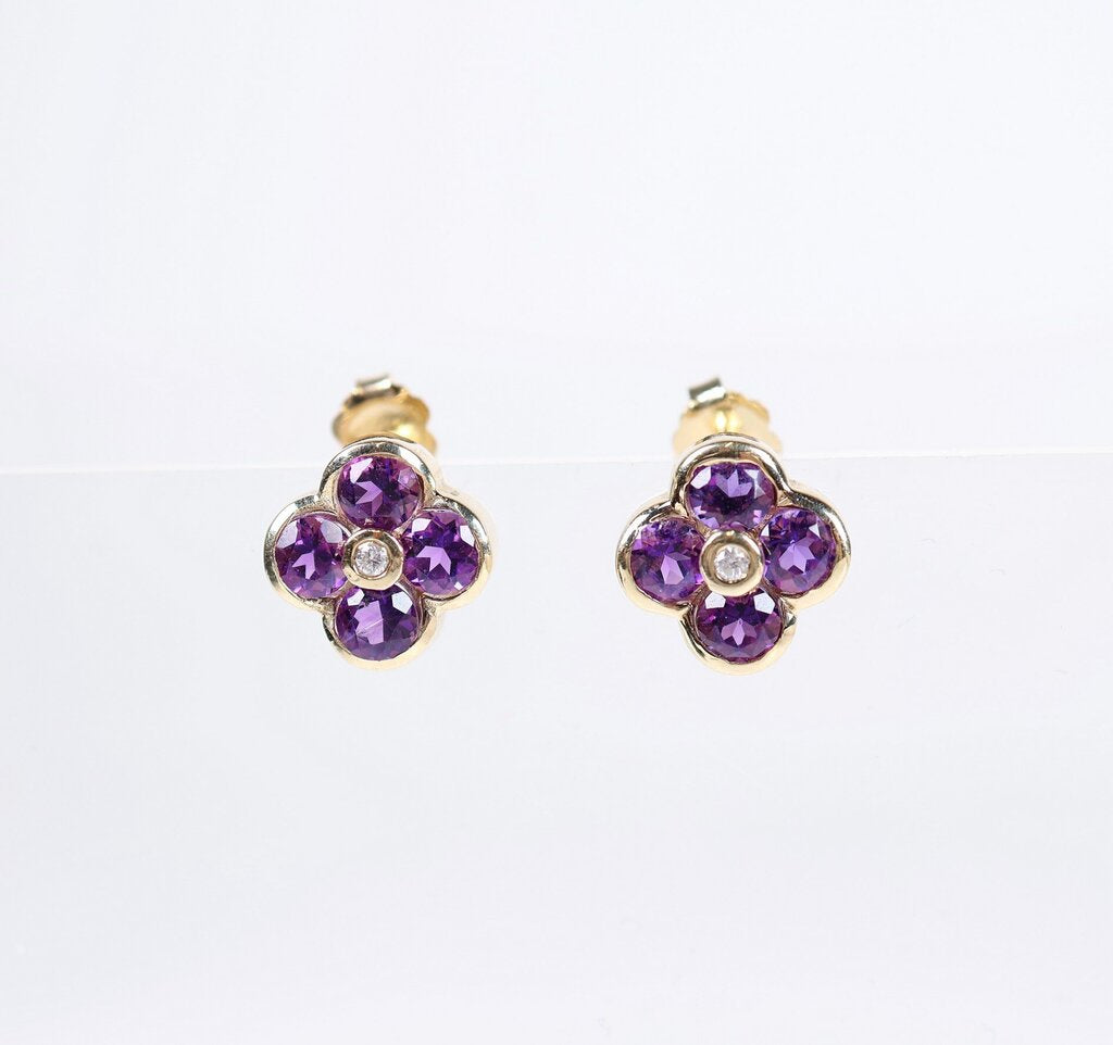 14K Gold Amethyst and Diamond Earrings