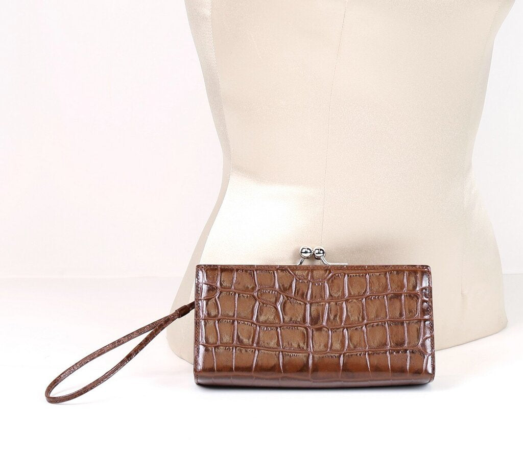 Crocodile Embossed Kiss Lock Clutch