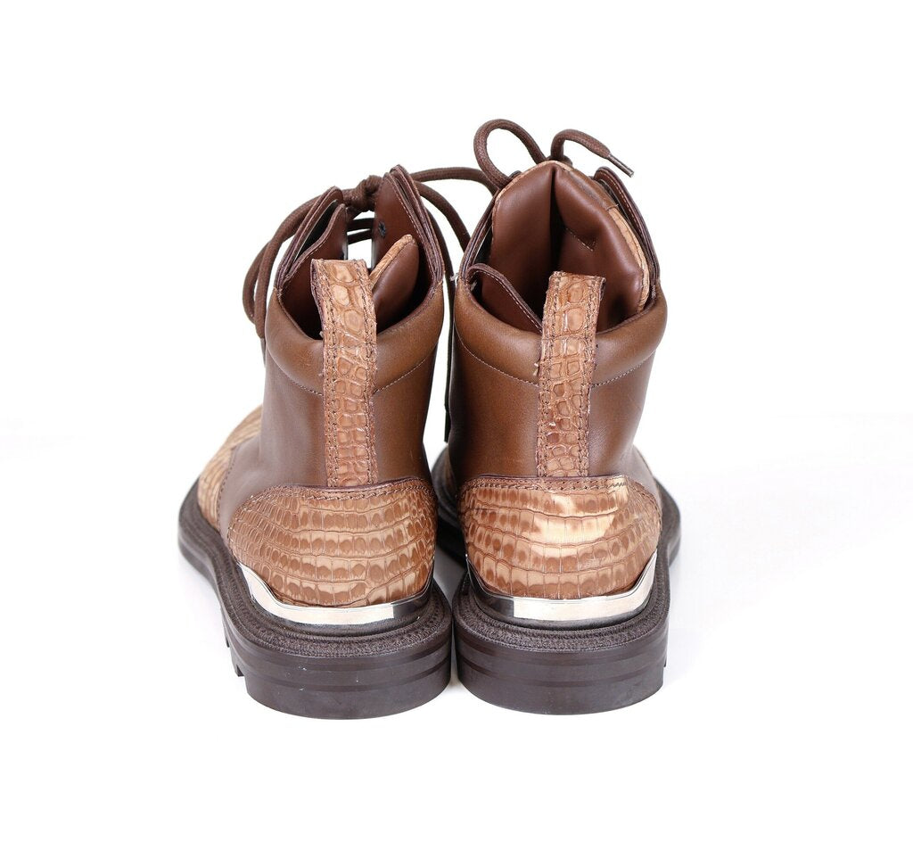 Brown Embossed Leather Combat Boots (M8)