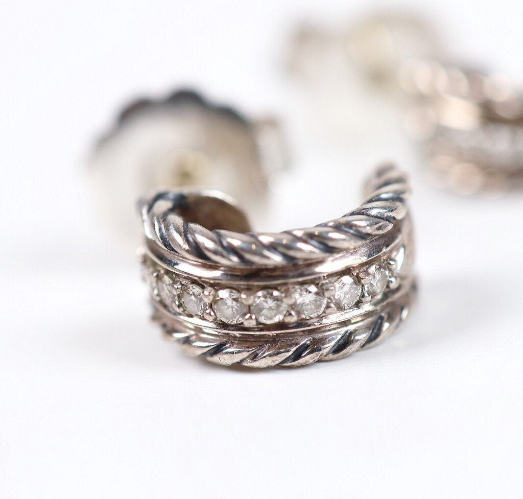 Sterling and Diamond Cable Pave Huggie Hoops