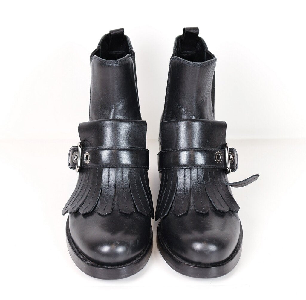Black Leather Fringe and Buckle Ankle Boot (5.5)