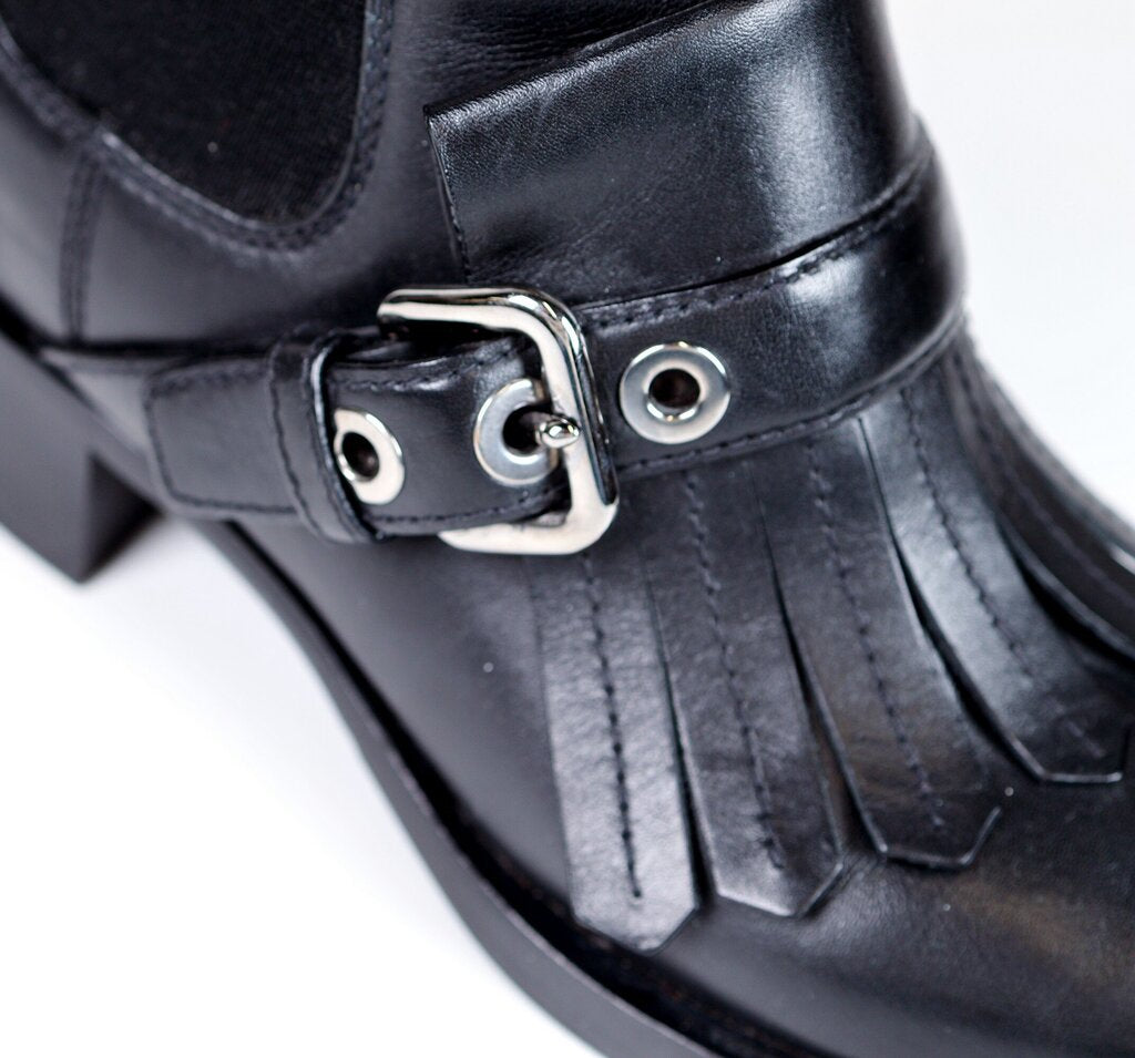 Black Leather Fringe and Buckle Ankle Boot (5.5)
