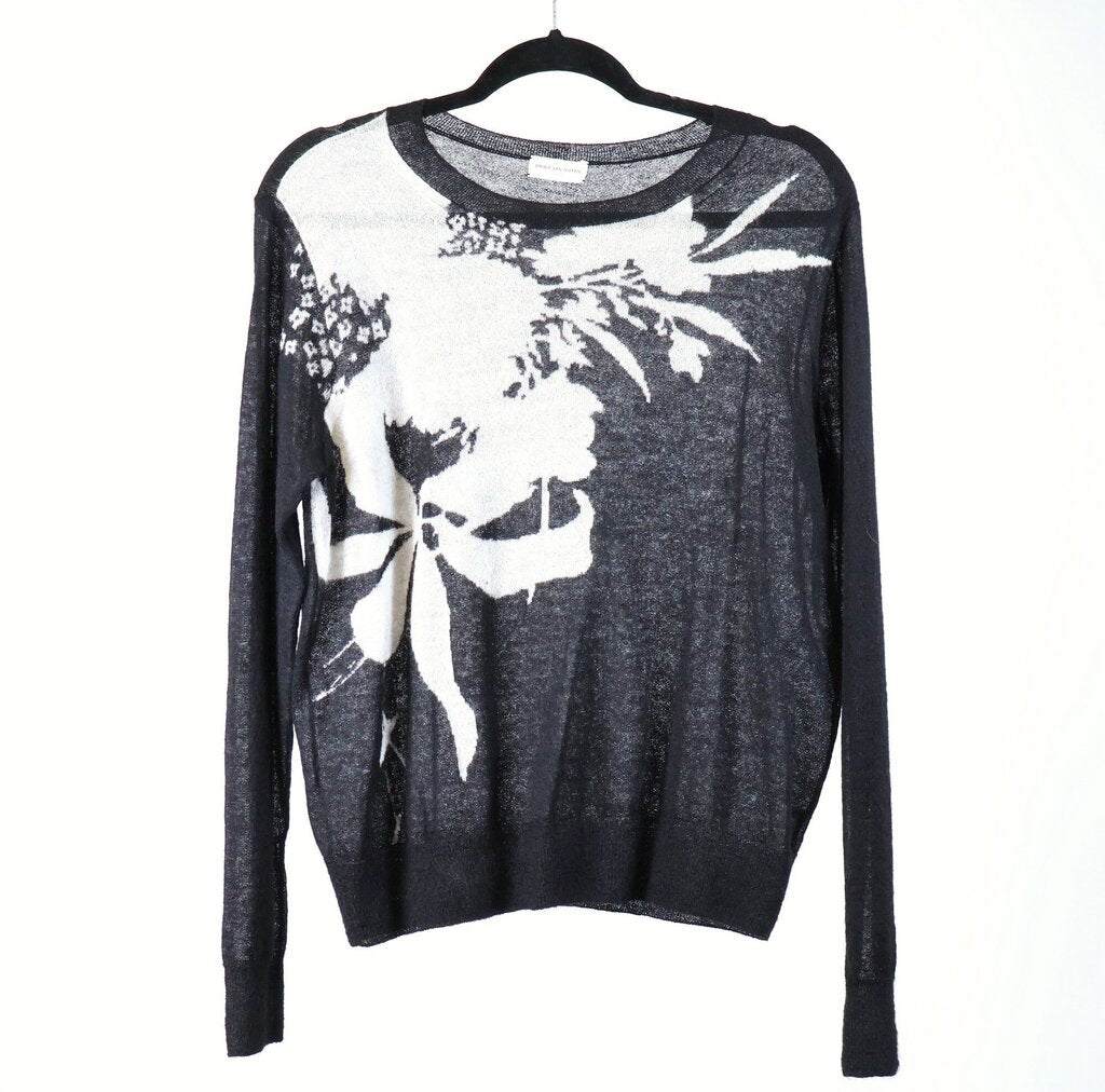 Black with White Flora and Leaves Sweater (S)