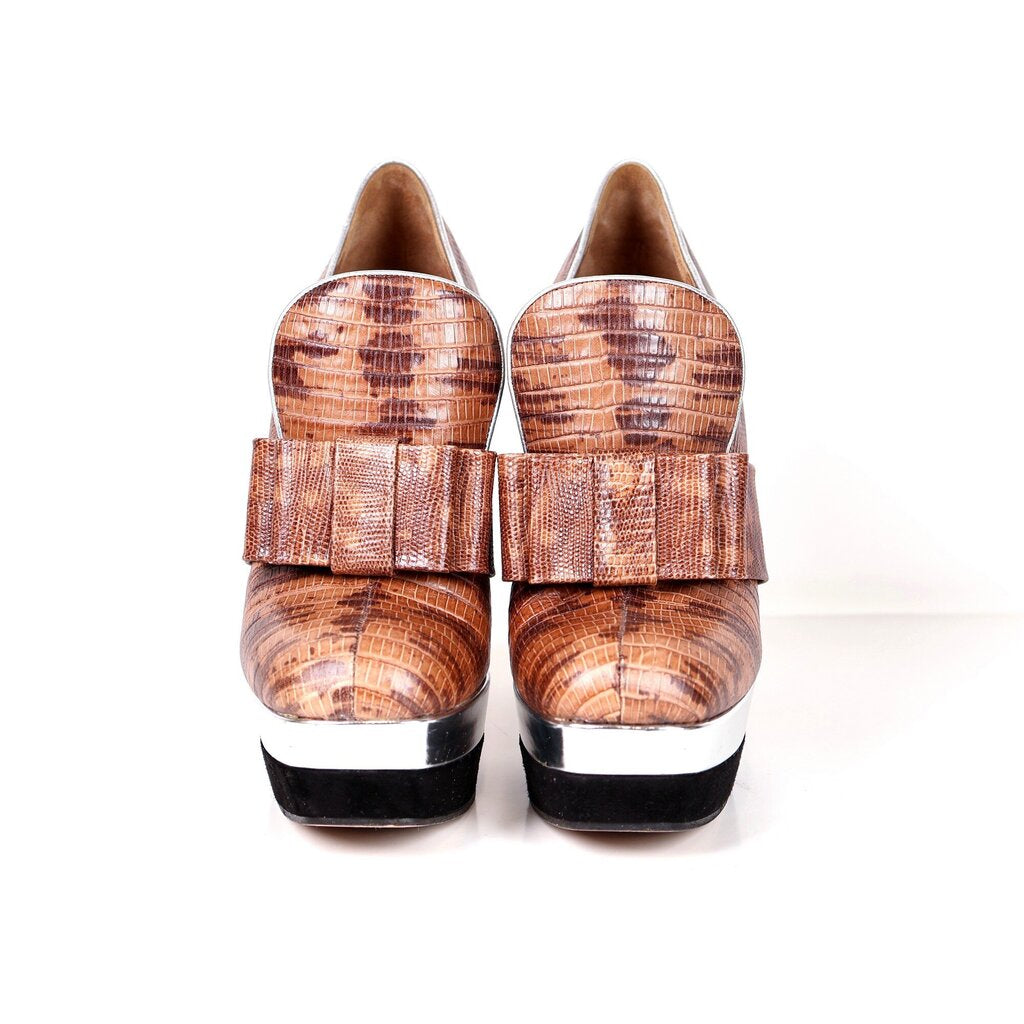 Stamped Snakeskin Leather Bow Platform Bootie (39/9)