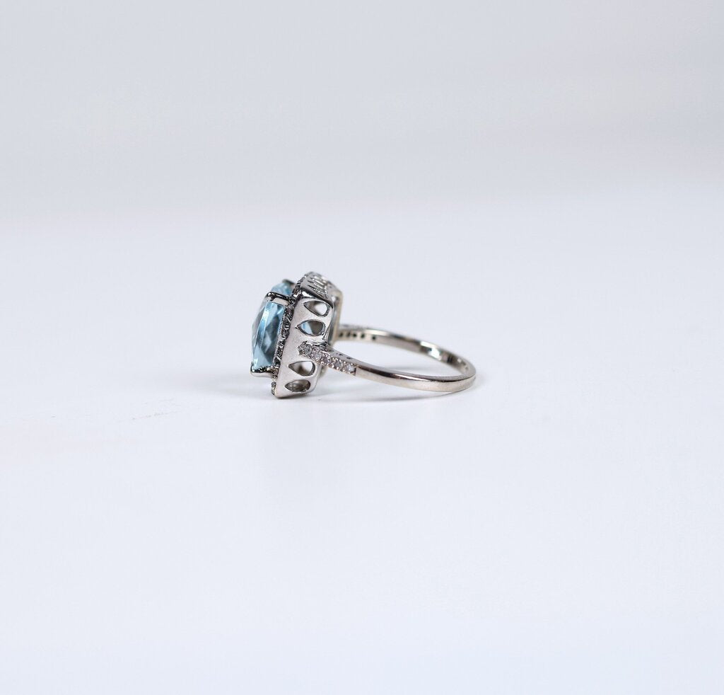 14K Rhodium Plated Gold with Aquamarine and Diamonds (5.75)