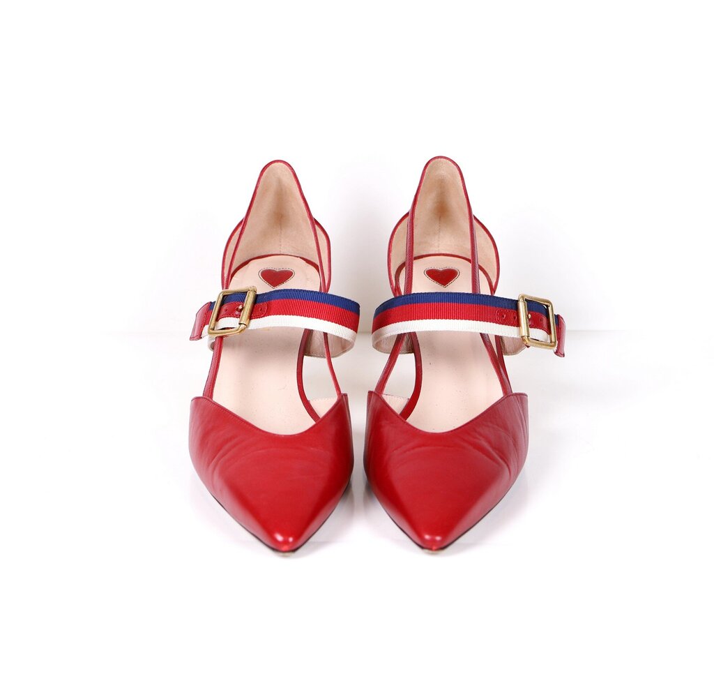 Red Leather Pumps with Striped Strap (40/10)