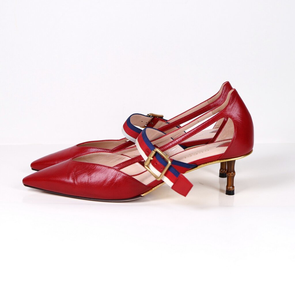 Red Leather Pumps with Striped Strap (40/10)